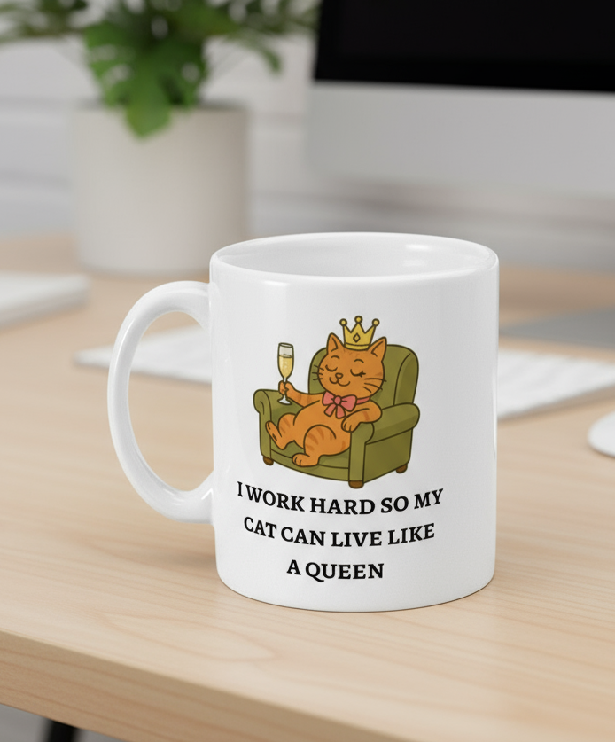 Mug Queen cat on plush chair "I WORK HARD SO MYCAT CAN LIVE LIKEA QUEEN"